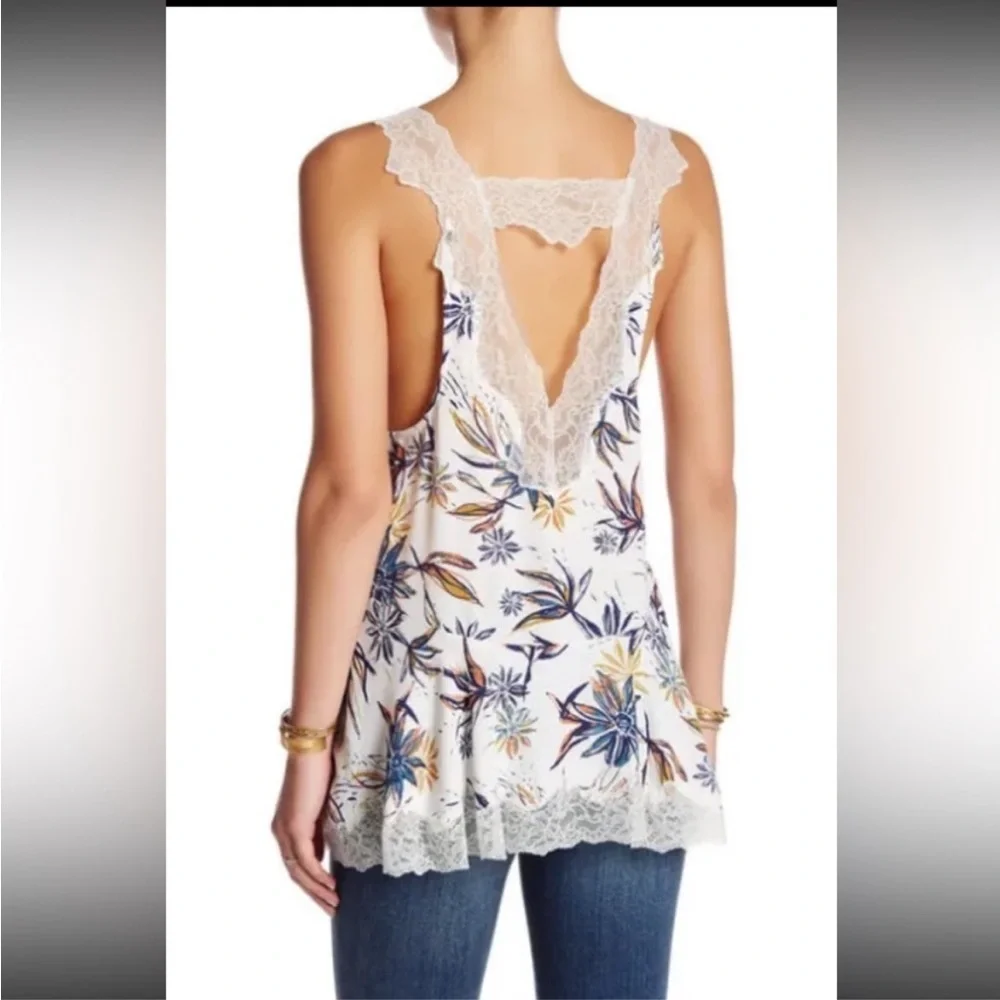 Free People White Floral Lace-Trim Tank